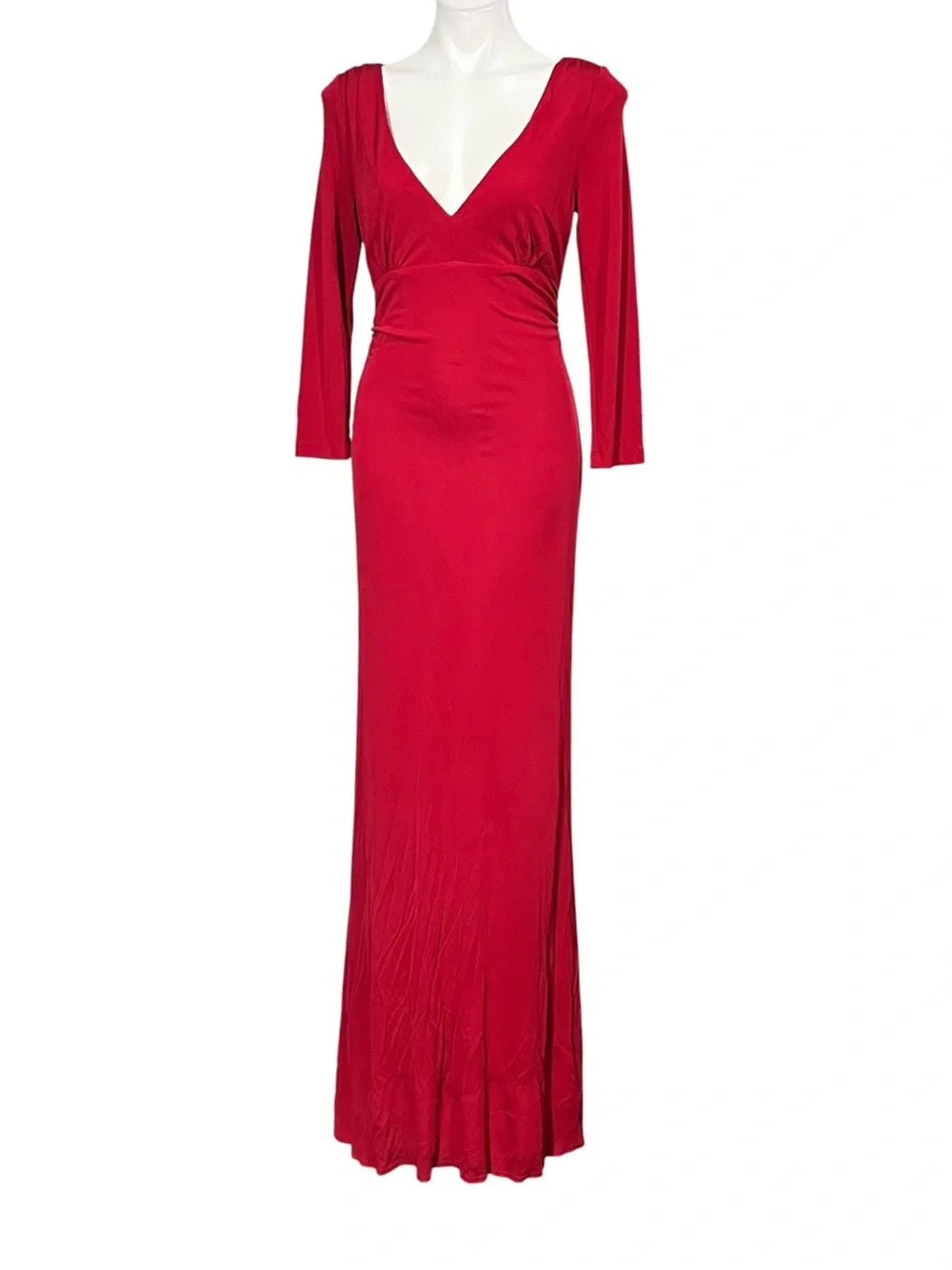David Meister Maxi Gown Sz 10 Red Long Sleeve V-Neck ruched sexy formal occasion